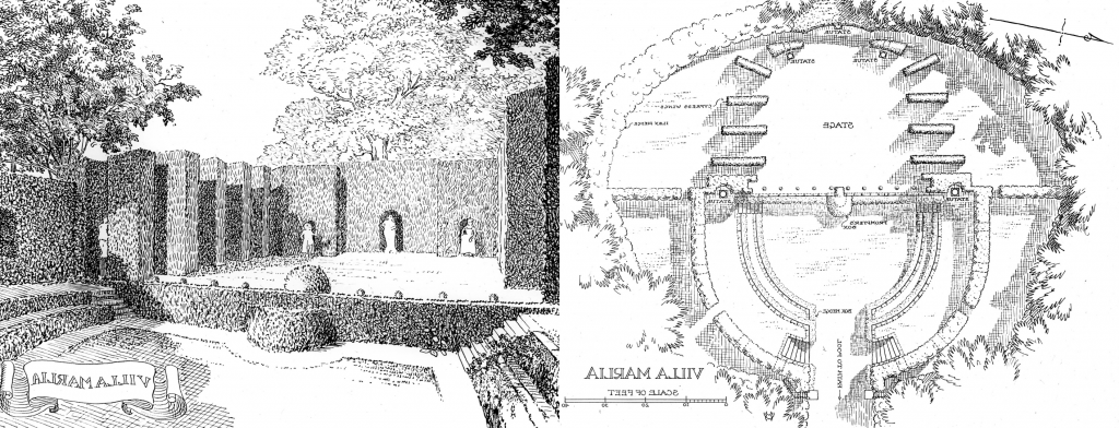 两张彩色照片的黑色油墨印刷插图并排. 左边是一个花园的鸟瞰图，上面有一个舞台和其他用灌木标记的物品, trees, and walls. 在右边是一个图像，好像站在左边，在同一空间的入口通道内，与航空图像. 在这个舞台上，舞台比地面高，舞台后面有雕像. 两张照片上都有一条丝带，上面写着“玛丽亚别墅”. 